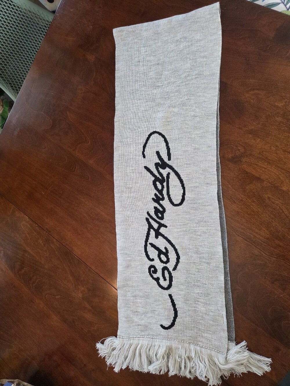 Ed Hardy Grey Logo Scarf - Grey with Black Script And Fringed Edges